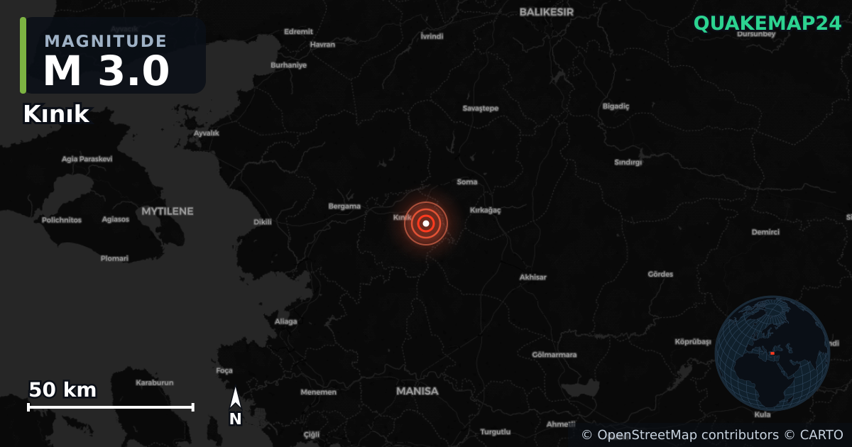 M3.0 earthquake near Kınık on Nov 13, 2025 — map of epicenter and shaking intensity | QuakeMap24
