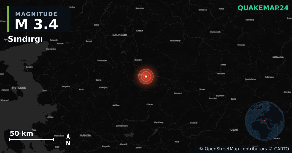 M3.4 earthquake near Sındırgı on Aug 12, 2025 — map of epicenter and shaking intensity | QuakeMap24