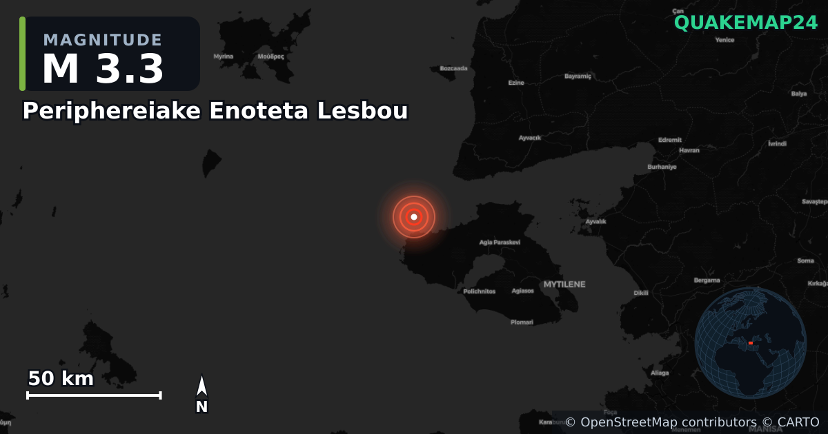 M3.3 earthquake near Periphereiake Enoteta Lesbou on Oct 17, 2025 — map of epicenter and shaking intensity | QuakeMap24