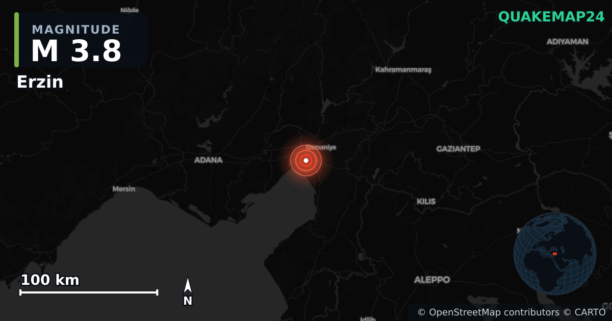 M3.8 earthquake near Erzin on Aug 3, 2025 — map of epicenter and shaking intensity | QuakeMap24