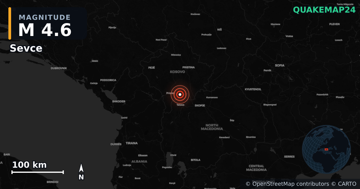 M4.6 earthquake near Sevce on Feb 10, 2026 — map of epicenter and shaking intensity | QuakeMap24