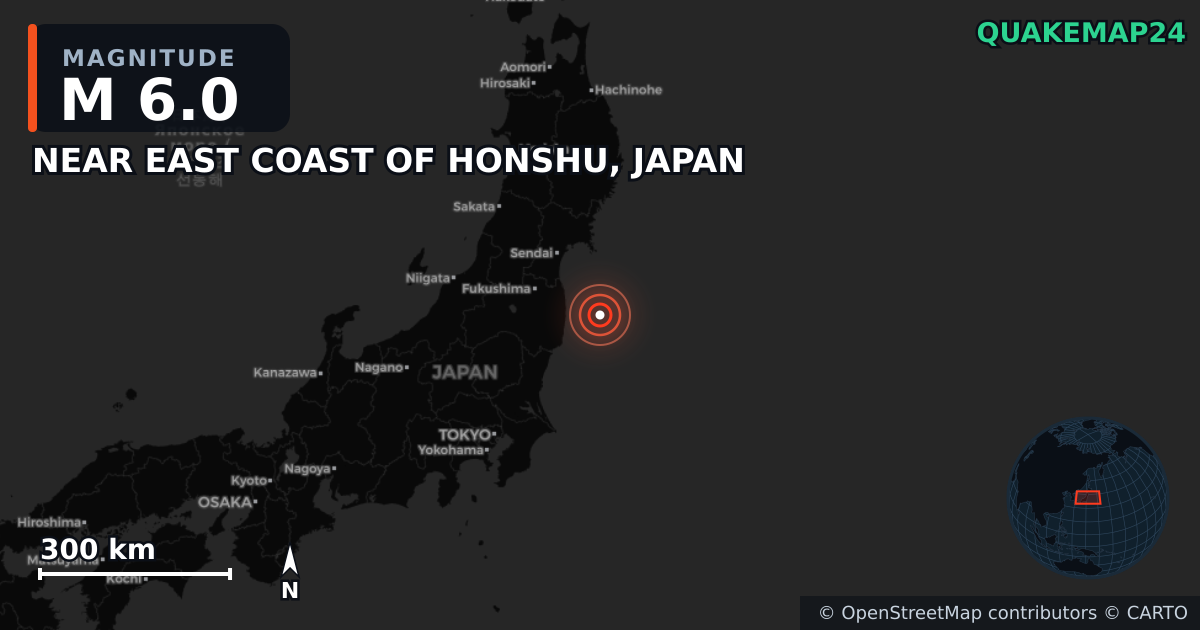 M6.0 earthquake near NEAR EAST COAST OF HONSHU, JAPAN on Oct 4, 2025 — map of epicenter and shaking intensity | QuakeMap24