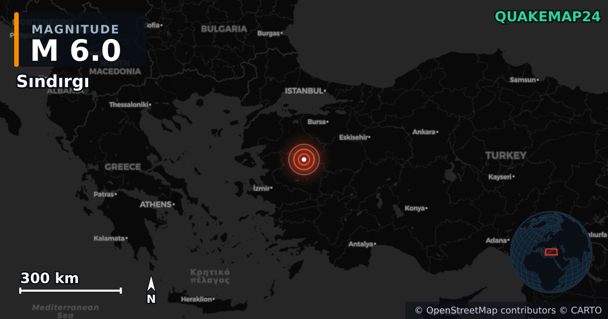 M6.0 earthquake near Sındırgı on Oct 27, 2025 — map of epicenter and shaking intensity | QuakeMap24