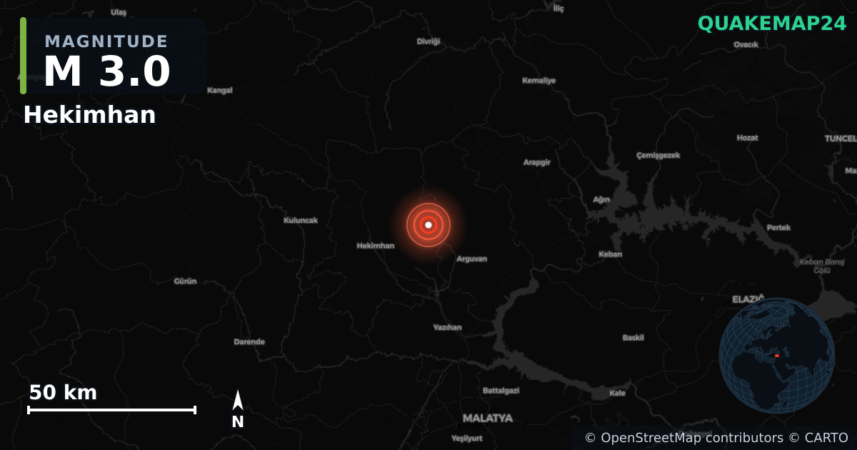 M3.0 earthquake near Hekimhan on Oct 22, 2025 — map of epicenter and shaking intensity | QuakeMap24