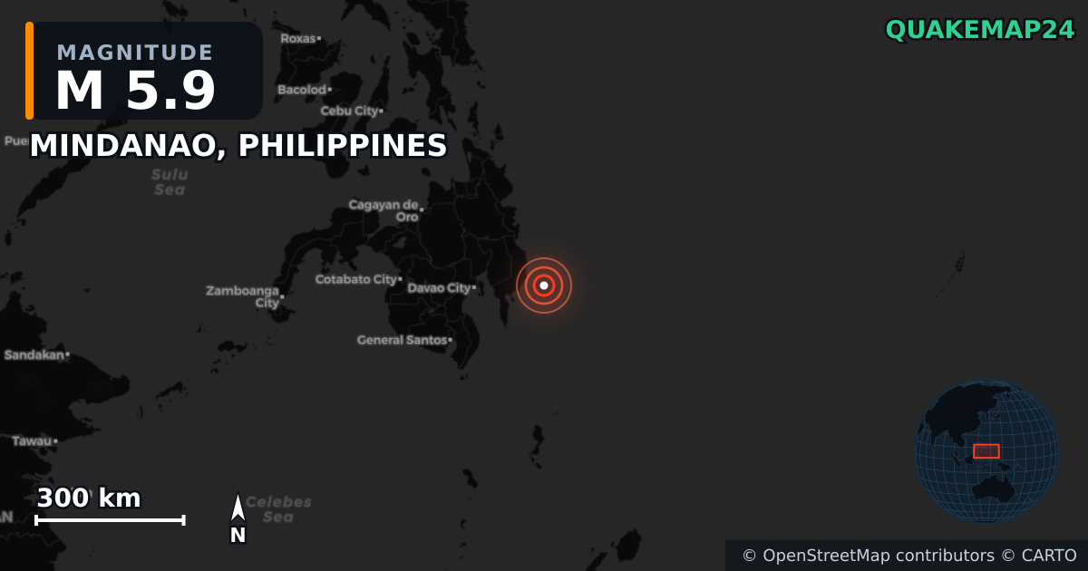M5.9 earthquake near MINDANAO, PHILIPPINES on Oct 10, 2025 — map of epicenter and shaking intensity | QuakeMap24