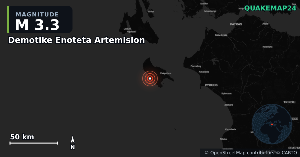 M3.3 earthquake near Demotike Enoteta Artemision on Sep 22, 2025 — map of epicenter and shaking intensity | QuakeMap24
