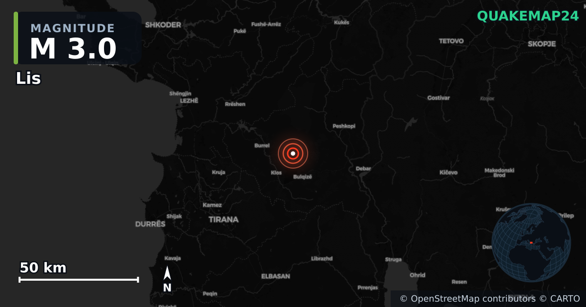 M3.0 earthquake near Lis on Jul 13, 2025 — map of epicenter and shaking intensity | QuakeMap24