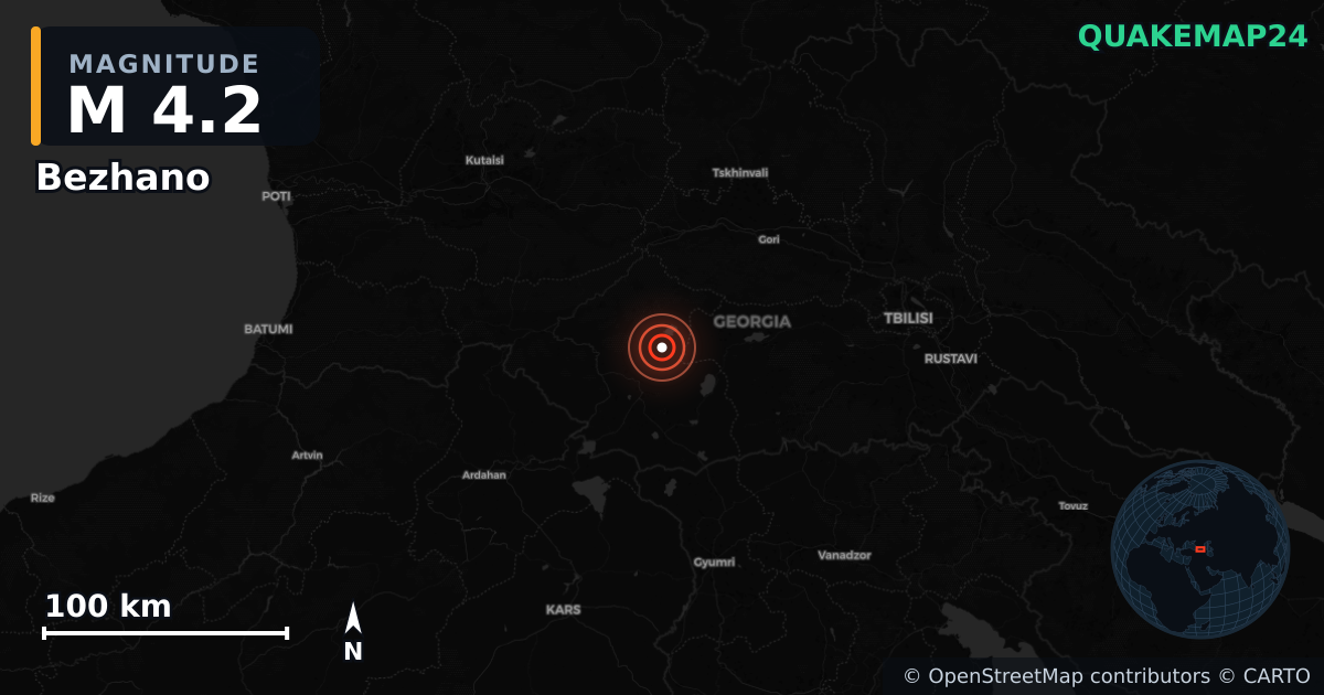 Erdbeben M4,2 bei Bezhano, Samtskhe-Javakheti (Georgien) · 2026-09-08 — Karte der Lage des Epizentrums
