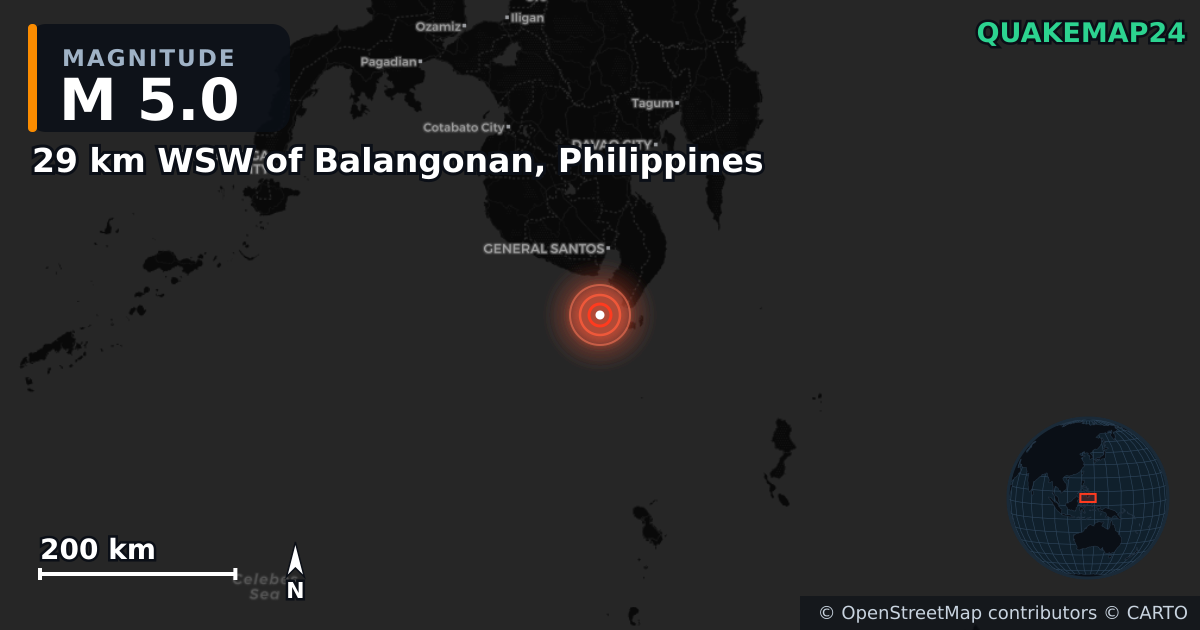 M5.0 earthquake near 29 km WSW of Balangonan, Philippines on Jun 8, 2026 — map of epicenter and shaking intensity | QuakeMap24