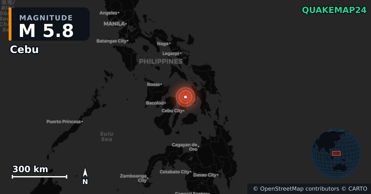 M5.8 earthquake near Cebu on Oct 12, 2025 — map of epicenter and shaking intensity | QuakeMap24
