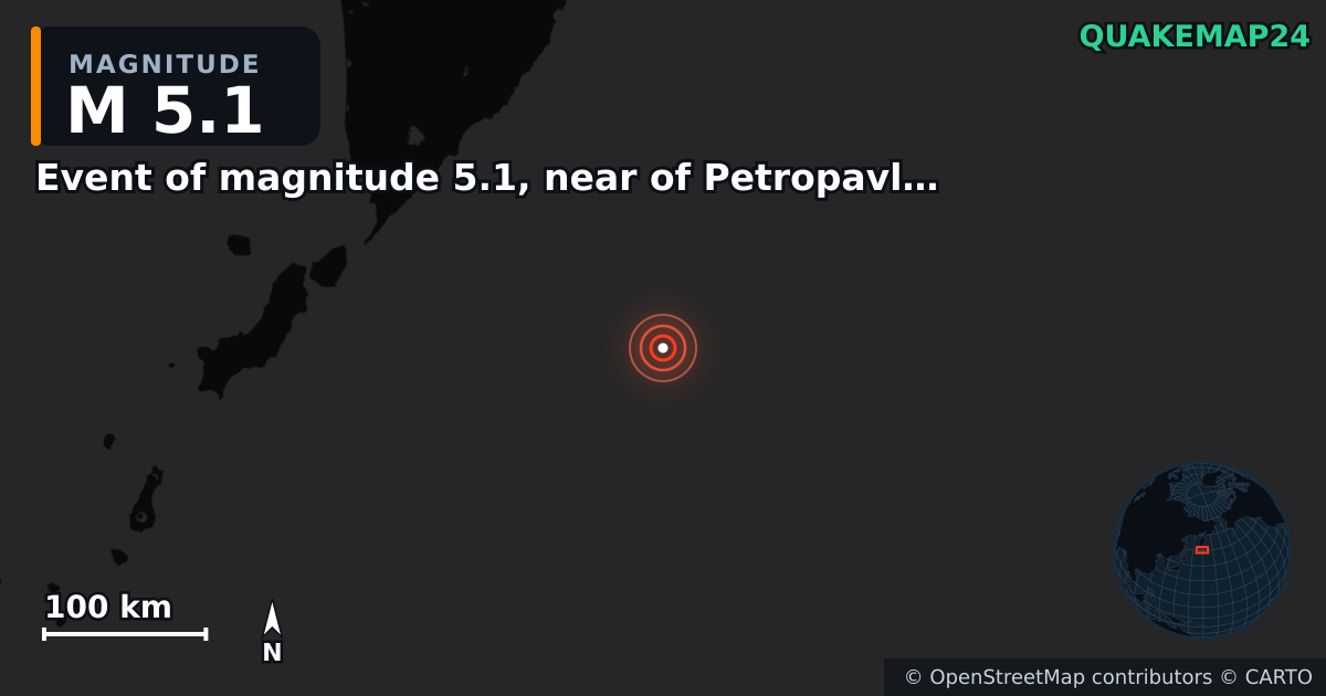 Event of magnitude 5.1, near of Petropavlovsk Kamchatskiy (Monde) yakınında M5,1 deprem — Deprem merkez üssünün konumunu gösteren harita