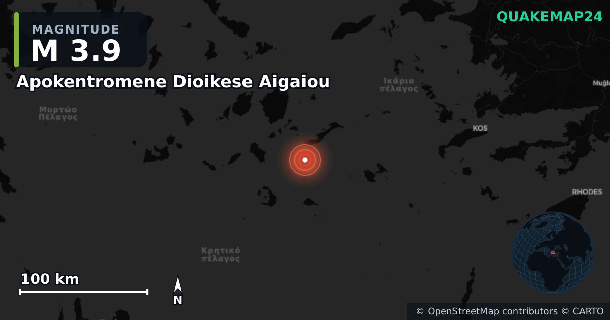 M3.9 earthquake near Apokentromene Dioikese Aigaiou on May 18, 2025 — map of epicenter and shaking intensity | QuakeMap24