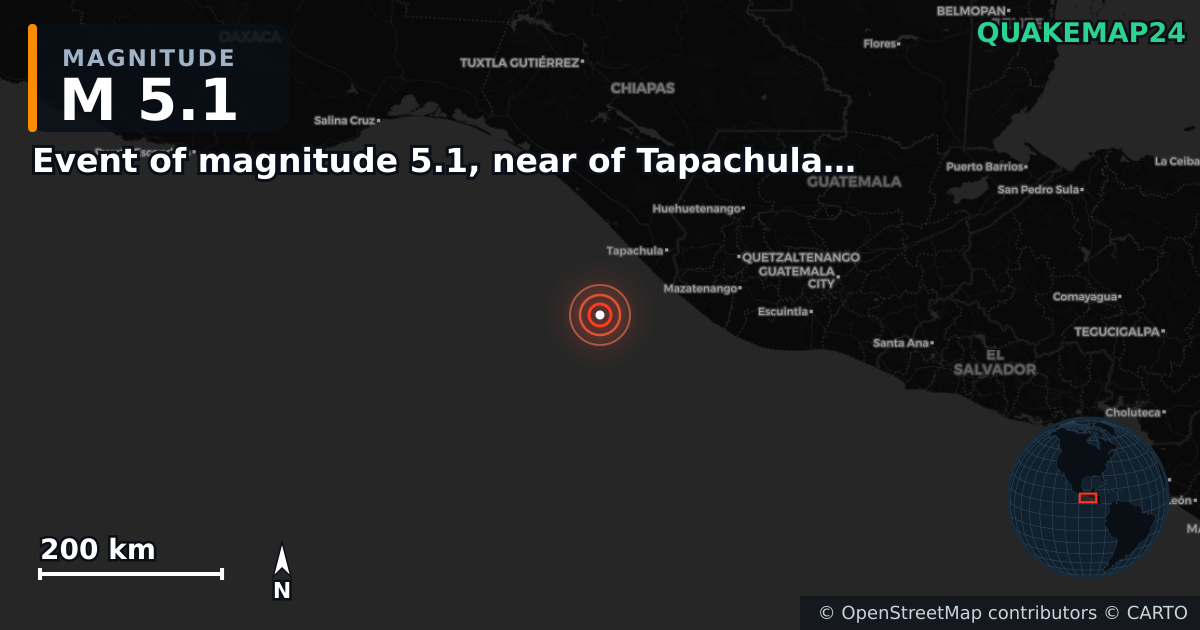 M5.1 earthquake near Event of magnitude 5.1, near of Tapachula (Monde) on Sep 16, 2025 — map of epicenter and shaking intensity | QuakeMap24