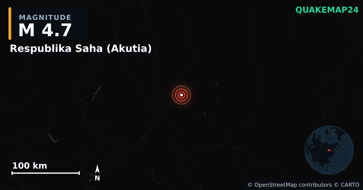M4.7 earthquake near Respublika Saha (Akutia) on Sep 6, 2025 — map of epicenter and shaking intensity | QuakeMap24