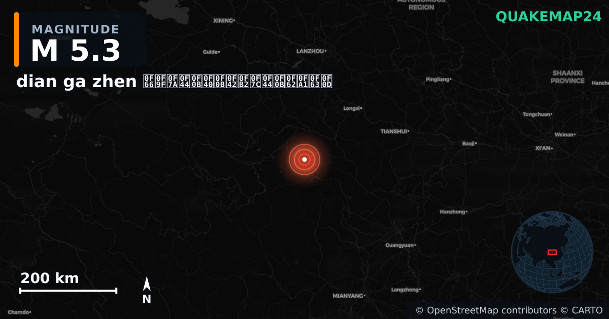 M5.3 earthquake near dian ga zhen སྟེང་ཀ་གྲོང་རྡལ། on Jan 26, 2026 — map of epicenter and shaking intensity | QuakeMap24