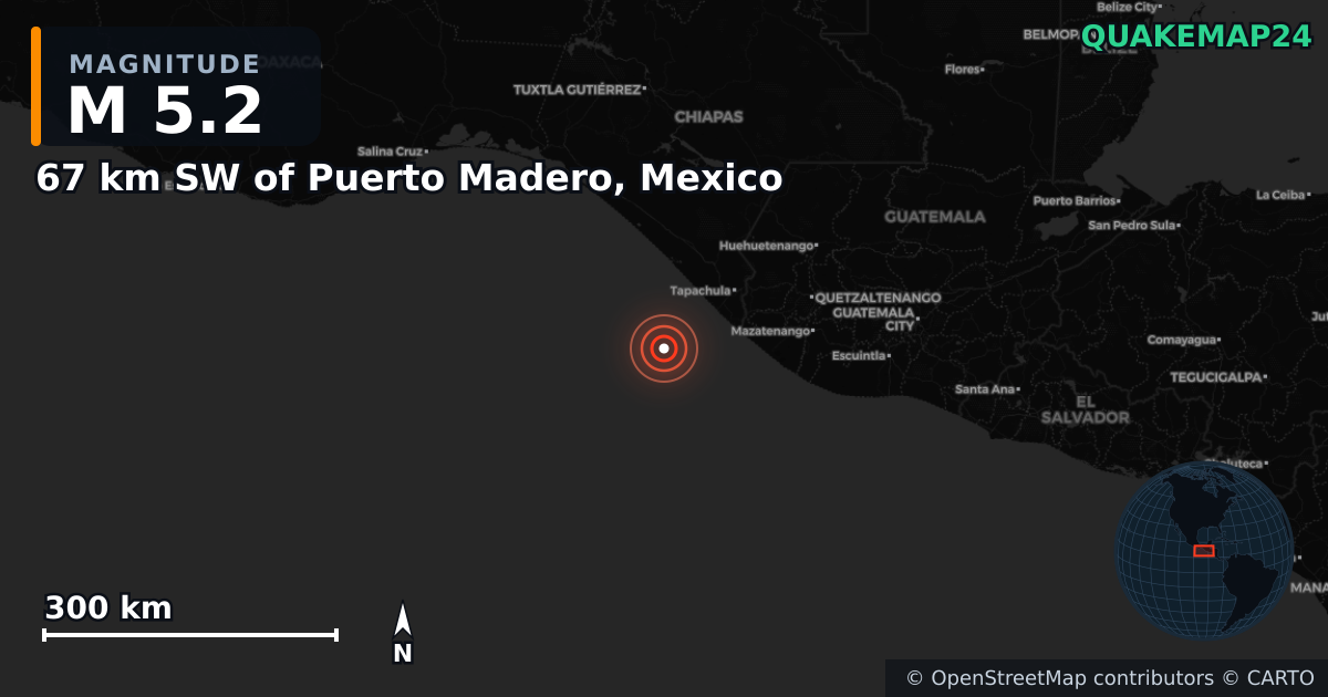 M5.2 earthquake near 67 km SW of Puerto Madero, Mexico on Jul 17, 2026 — map of epicenter and shaking intensity | QuakeMap24