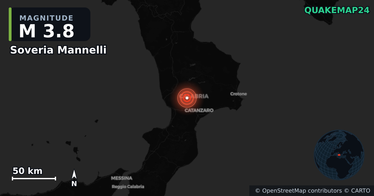M3.8 earthquake near Soveria Mannelli on Jan 23, 2026 — map of epicenter and shaking intensity | QuakeMap24