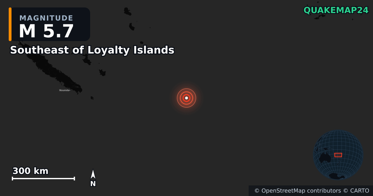 M5.7 earthquake near Southeast of Loyalty Islands on Jul 5, 2025 — map of epicenter and shaking intensity | QuakeMap24