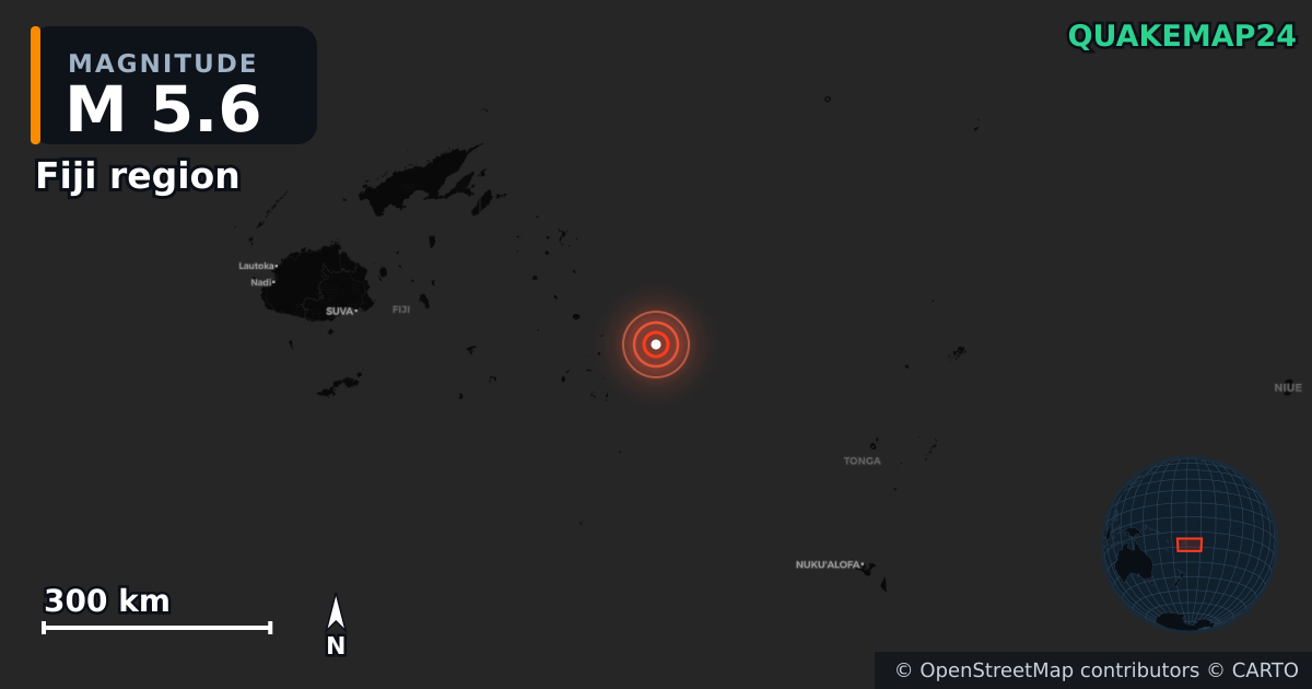 M5.6 earthquake near Fiji region on Nov 8, 2025 — map of epicenter and shaking intensity | QuakeMap24