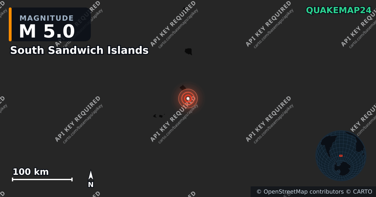 M5.0 earthquake near South Sandwich Islands on May 30, 2026 — map of epicenter and shaking intensity | QuakeMap24
