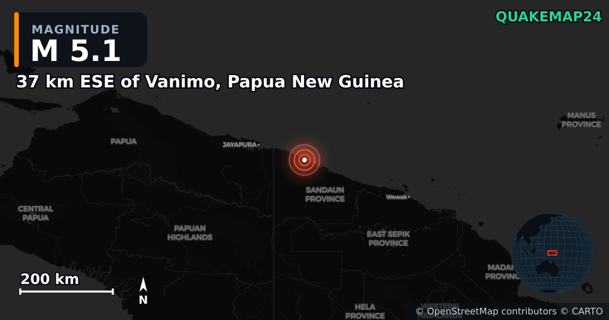 M5.1 earthquake near 37 km ESE of Vanimo, Papua New Guinea on Feb 6, 2025 — map of epicenter and shaking intensity | QuakeMap24