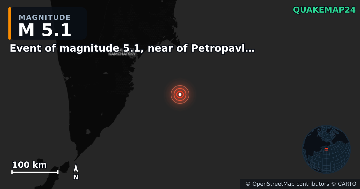 M5.1 earthquake near Event of magnitude 5.1, near of Petropavlovsk Kamchatskiy (Monde) on Sep 19, 2025 — map of epicenter and shaking intensity | QuakeMap24