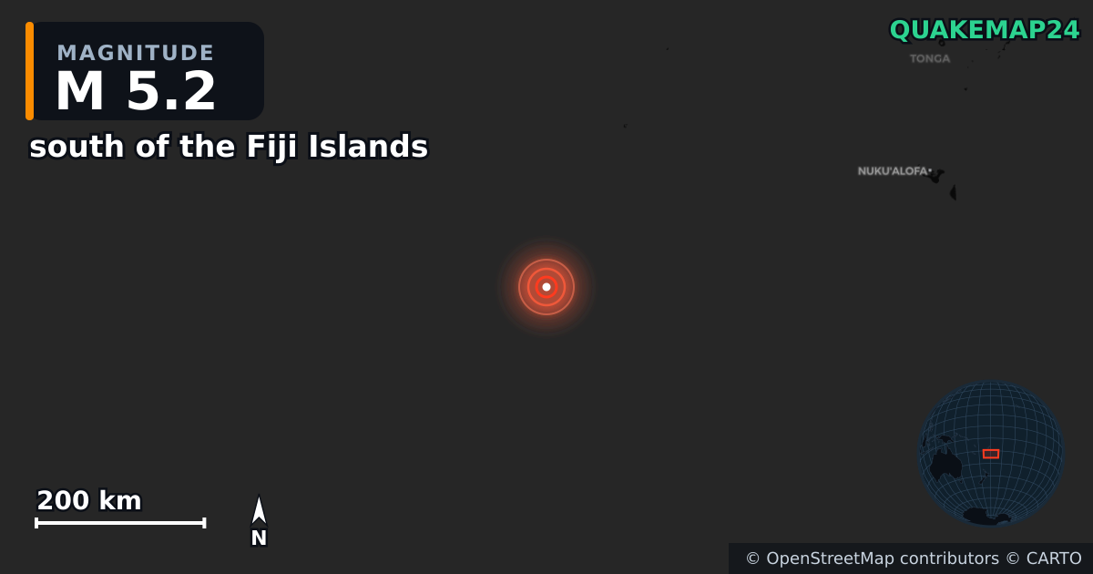M5.2 earthquake near south of the Fiji Islands on Feb 25, 2025 — map of epicenter and shaking intensity | QuakeMap24