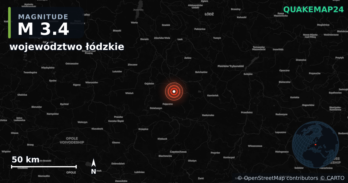 M3.4 earthquake near województwo łódzkie on Nov 19, 2025 — map of epicenter and shaking intensity | QuakeMap24