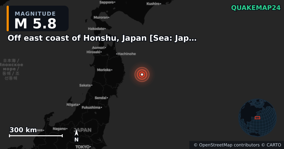 M5.8 earthquake near Off east coast of Honshu, Japan [Sea: Japan] on Mar 8, 2026 — map of epicenter and shaking intensity | QuakeMap24