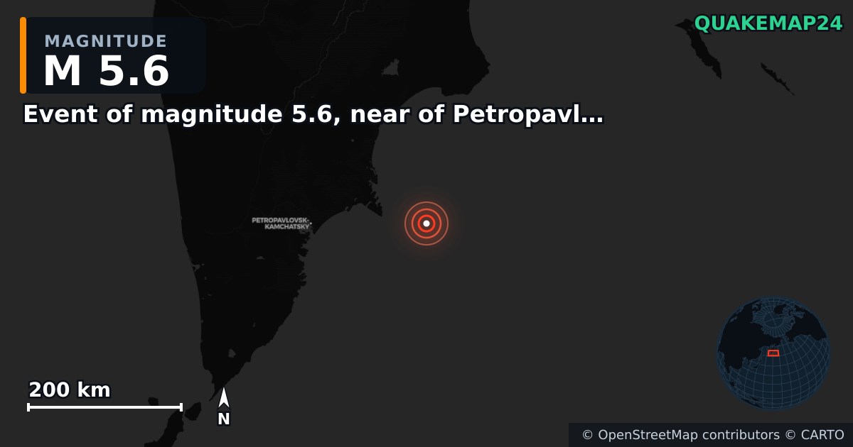M5.6 earthquake near Event of magnitude 5.6, near of Petropavlovsk Kamchatskiy (Monde) on Sep 18, 2025 — map of epicenter and shaking intensity | QuakeMap24