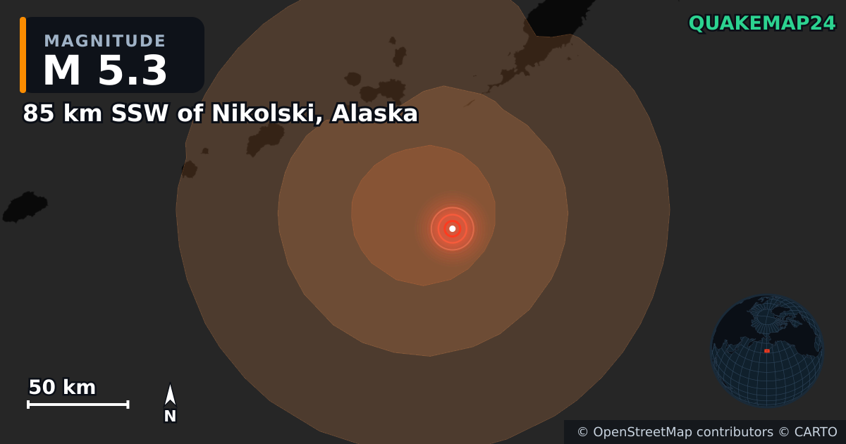 Erdbeben M5,3 bei 85 km SSW of Nikolski, Alaska — Karte der Lage des Epizentrums