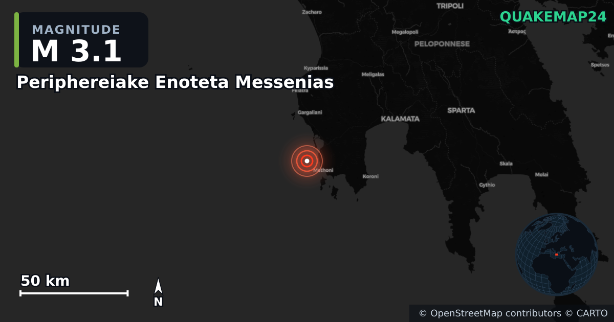 M3.1 earthquake near Periphereiake Enoteta Messenias on Jan 29, 2026 — map of epicenter and shaking intensity | QuakeMap24