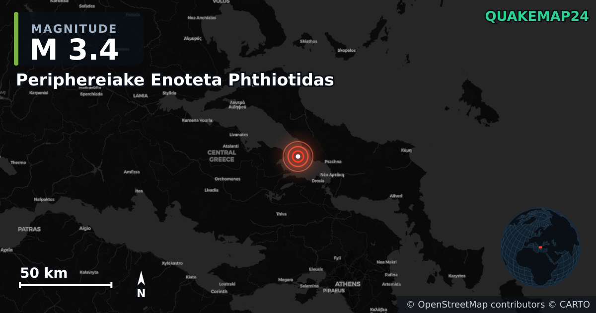 M3.4 earthquake near Periphereiake Enoteta Phthiotidas on Jan 2, 2026 — map of epicenter and shaking intensity | QuakeMap24