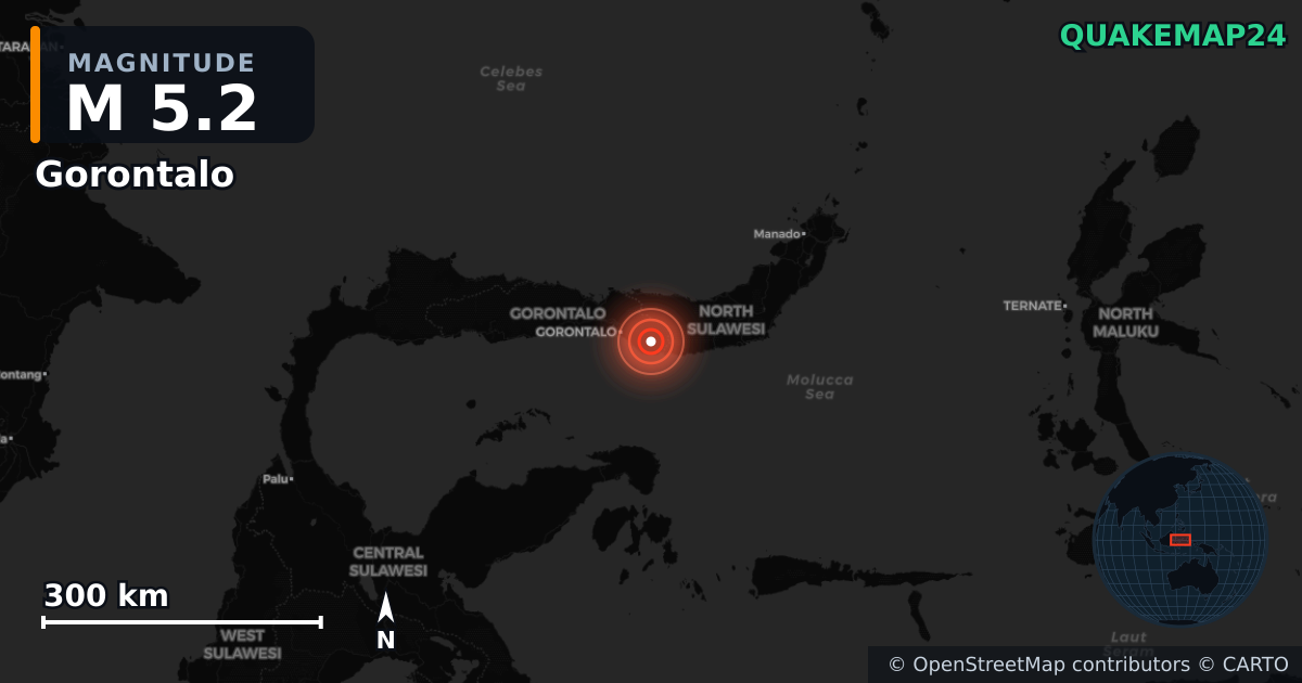 M5.2 earthquake near Gorontalo on Aug 12, 2025 — map of epicenter and shaking intensity | QuakeMap24