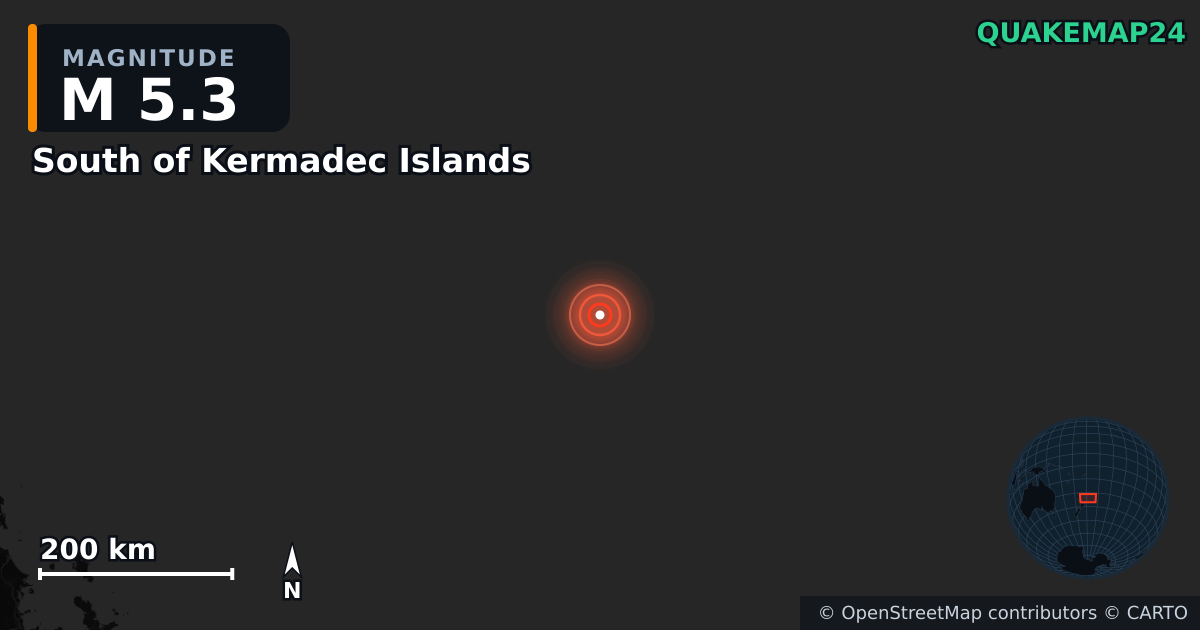 M5.3 earthquake near South of Kermadec Islands on Oct 21, 2025 — map of epicenter and shaking intensity | QuakeMap24