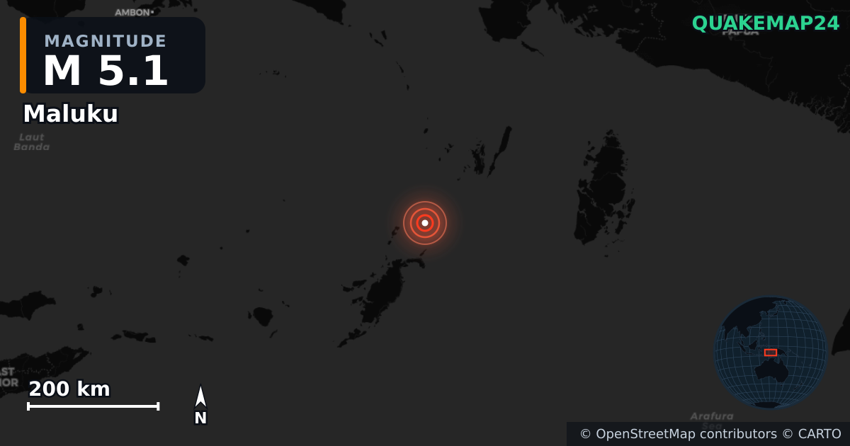 M5.1 earthquake near Maluku on Jul 8, 2025 — map of epicenter and shaking intensity | QuakeMap24