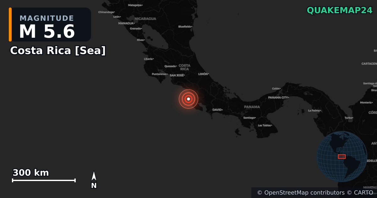 M5.6 earthquake near Costa Rica [Sea] on Nov 22, 2025 — map of epicenter and shaking intensity | QuakeMap24