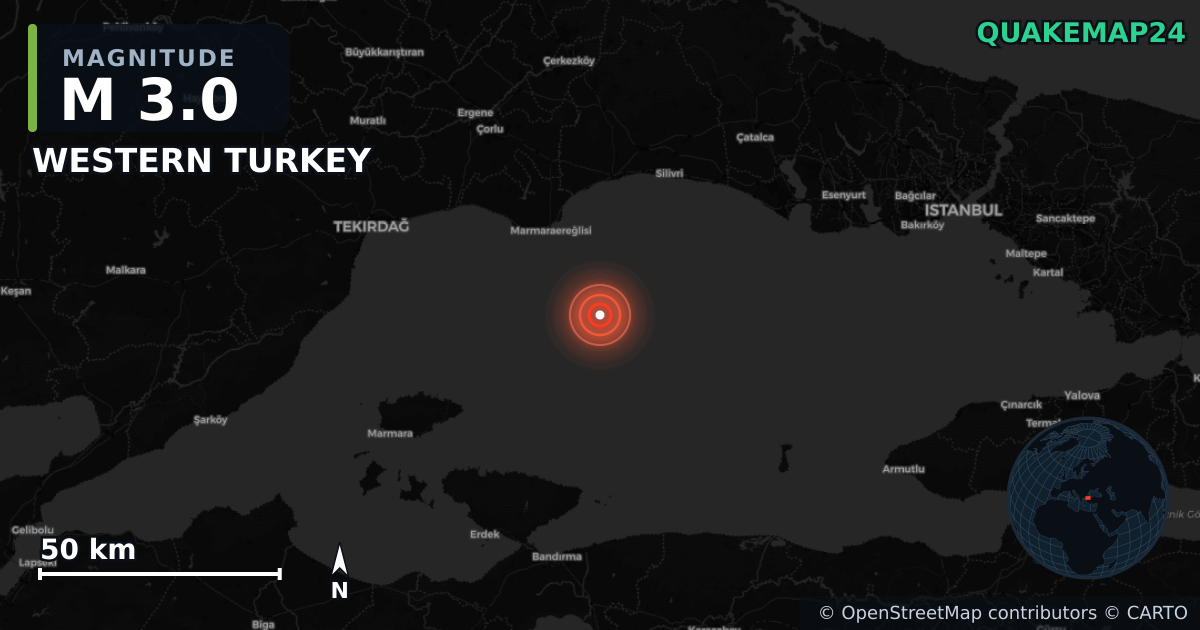 M3.0 earthquake near WESTERN TURKEY on Apr 23, 2025 — map of epicenter and shaking intensity | QuakeMap24