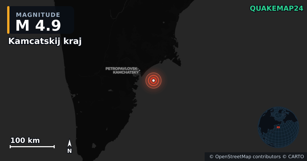 M4.9 earthquake near Kamcatskij kraj on Oct 8, 2025 — map of epicenter and shaking intensity | QuakeMap24