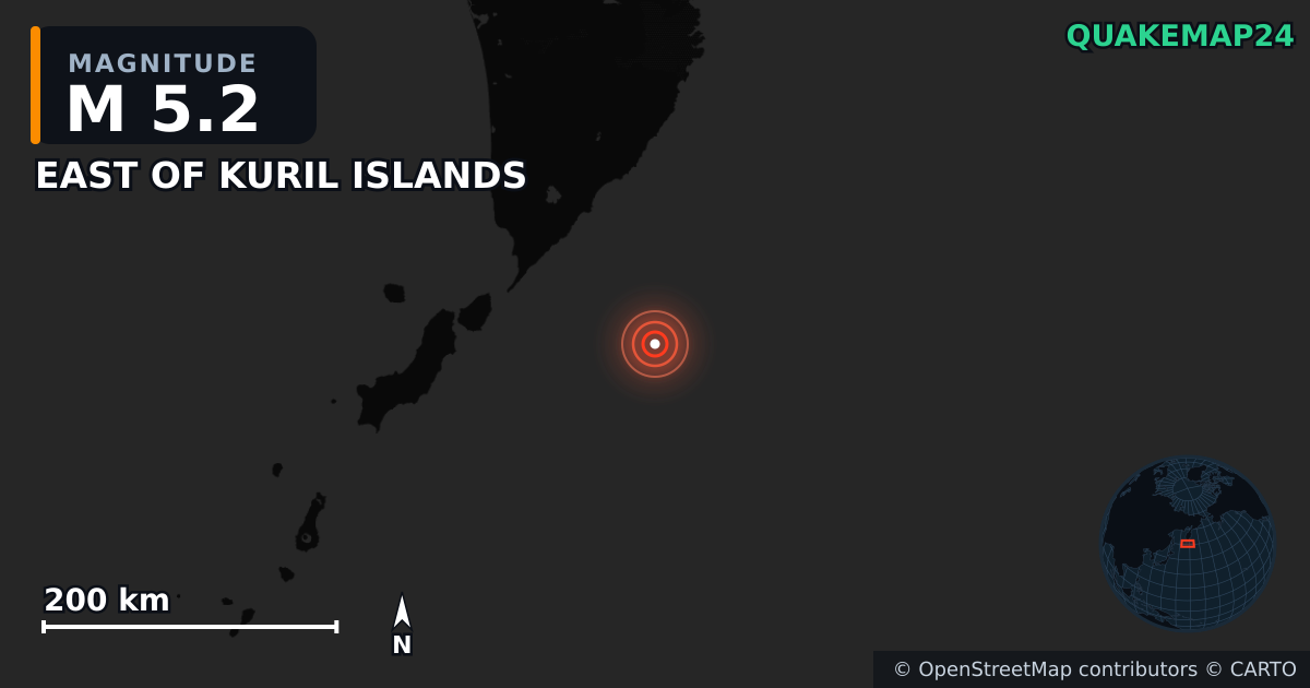 Terremoto de M5,2 cerca de EAST OF KURIL ISLANDS — Mapa de la ubicación del epicentro