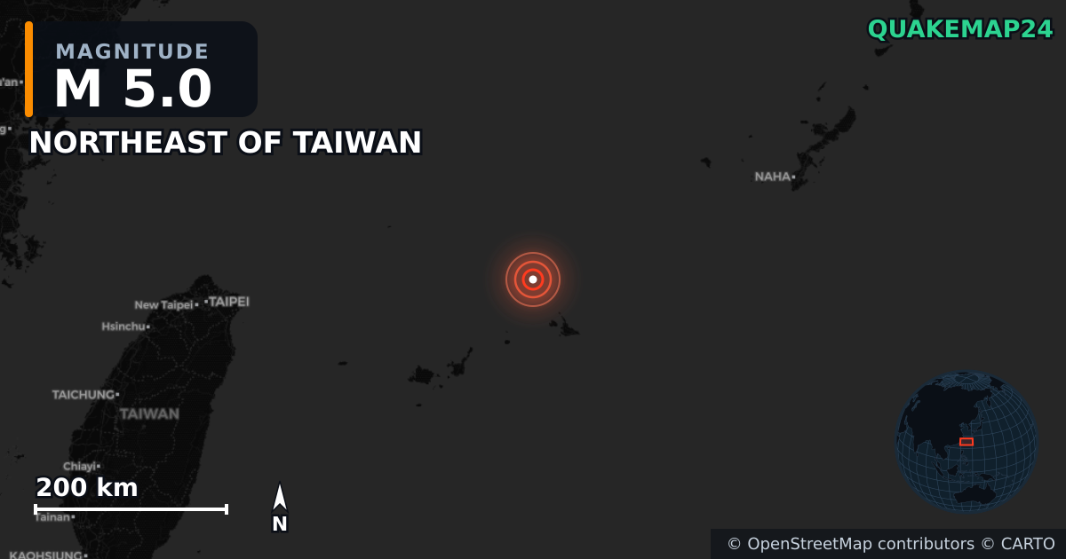 M5.0 earthquake near NORTHEAST OF TAIWAN on Mar 2, 2026 — map of epicenter and shaking intensity | QuakeMap24