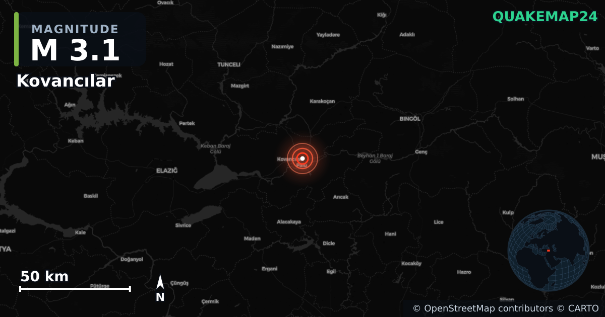 Sismo de M3,1 perto de Kovancılar, Elâzığ (Turquia) · 2026-06-04 — Mapa da localização do epicentro