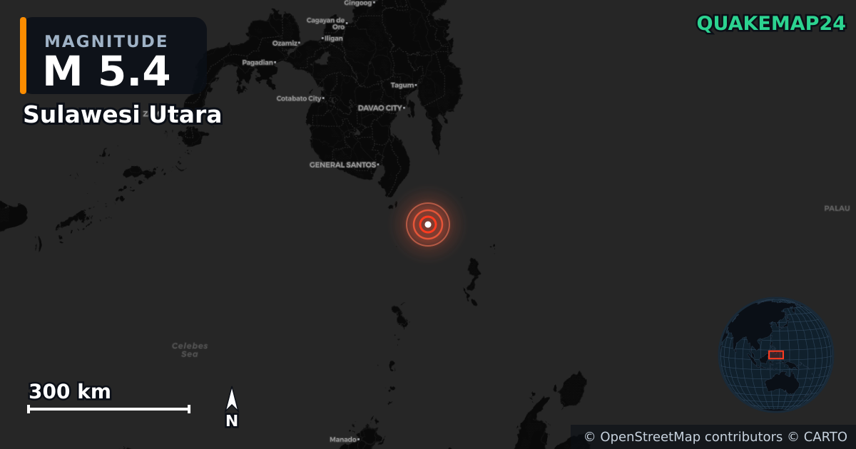 Erdbeben M5,4 bei Sulawesi Utara (Indonesien) — Karte der Lage des Epizentrums