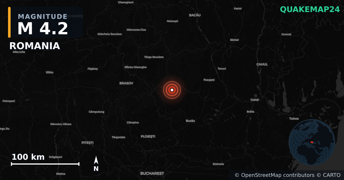 M4.2 earthquake near ROMANIA on May 16, 2025 — map of epicenter and shaking intensity | QuakeMap24