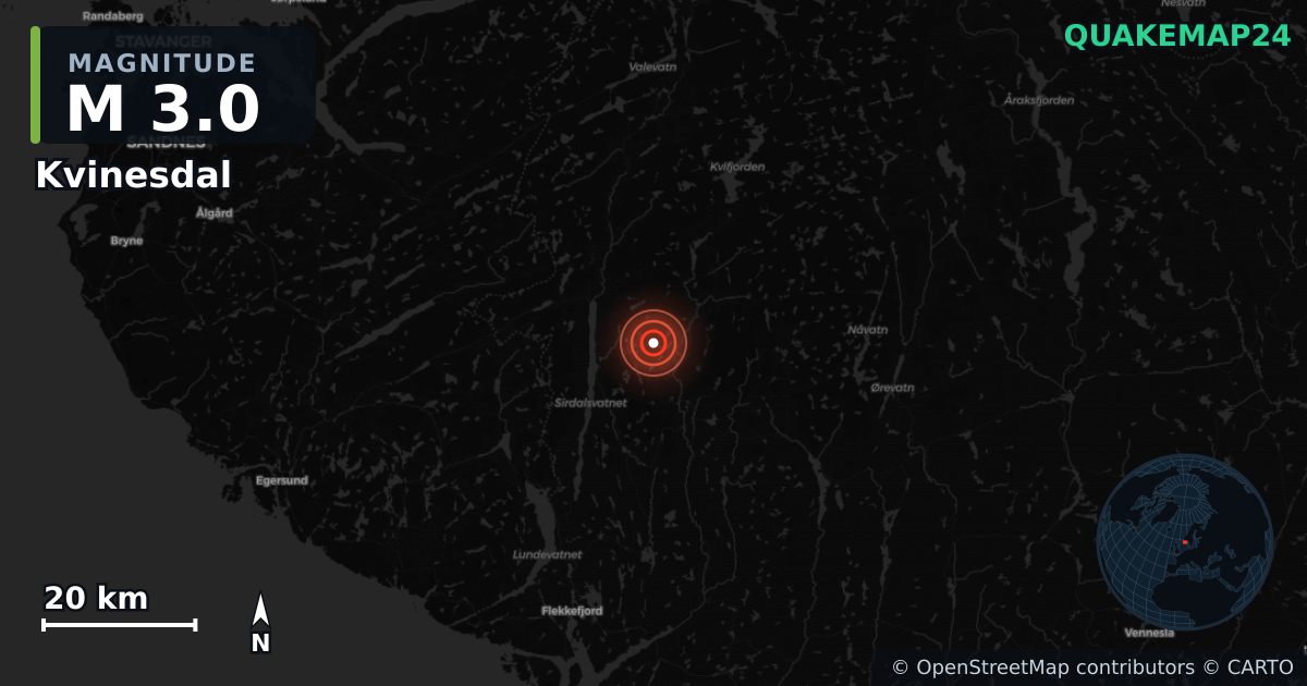M3.0 earthquake near Kvinesdal on Jan 19, 2025 — map of epicenter and shaking intensity | QuakeMap24