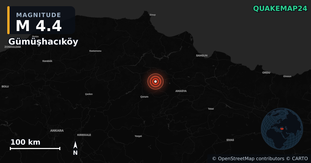 M4.4 earthquake near Gümüşhacıköy on May 12, 2025 — map of epicenter and shaking intensity | QuakeMap24