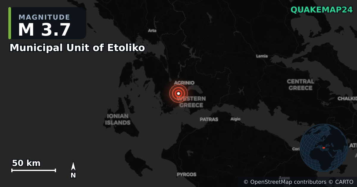 Terremoto de M3,7 cerca de Municipal Unit of Etoliko, Western Greece (Grecia) · 2026-09-07 — Mapa de la ubicación del epicentro