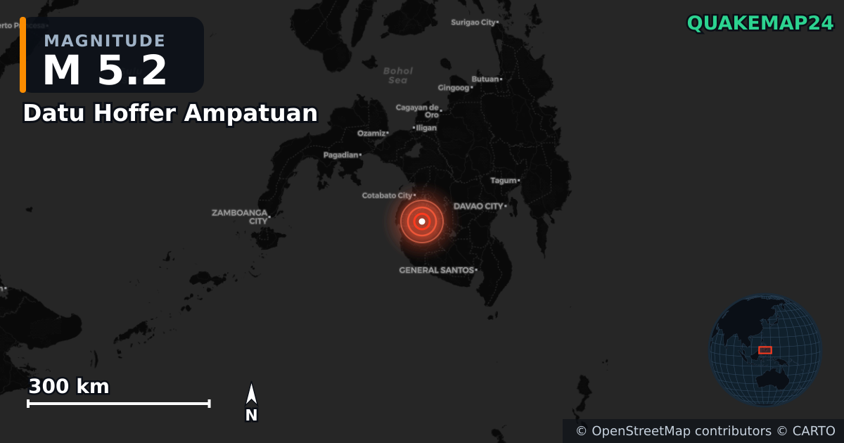 M5.2 earthquake near Datu Hoffer Ampatuan on Jan 28, 2026 — map of epicenter and shaking intensity | QuakeMap24