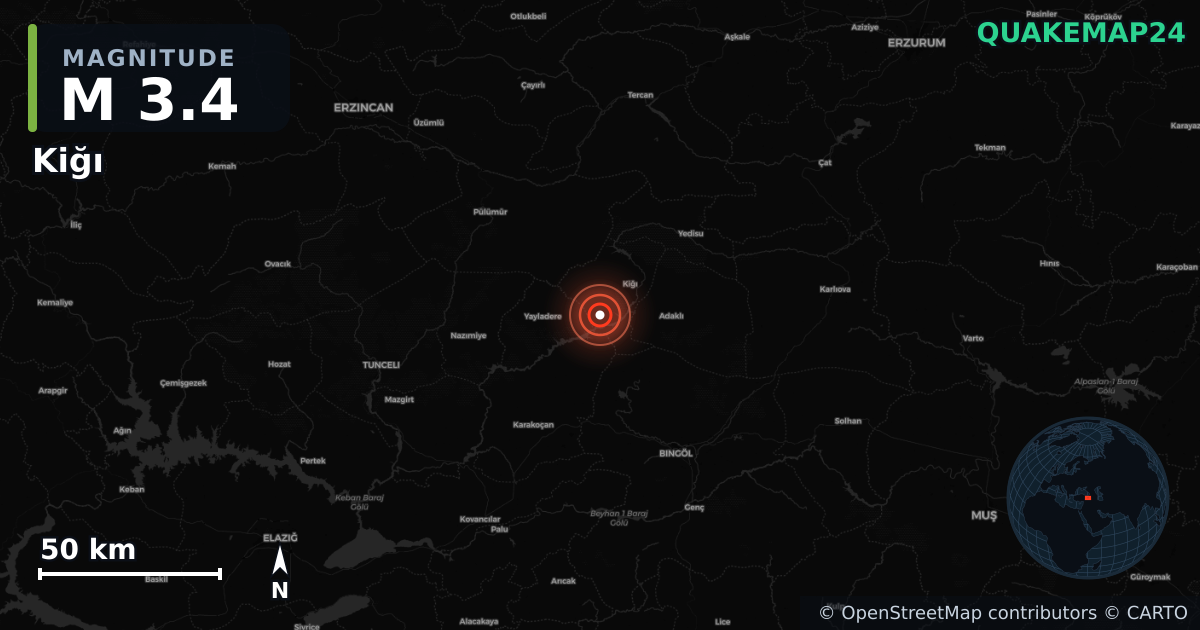M3.4 earthquake near Kiğı on Jun 13, 2025 — map of epicenter and shaking intensity | QuakeMap24