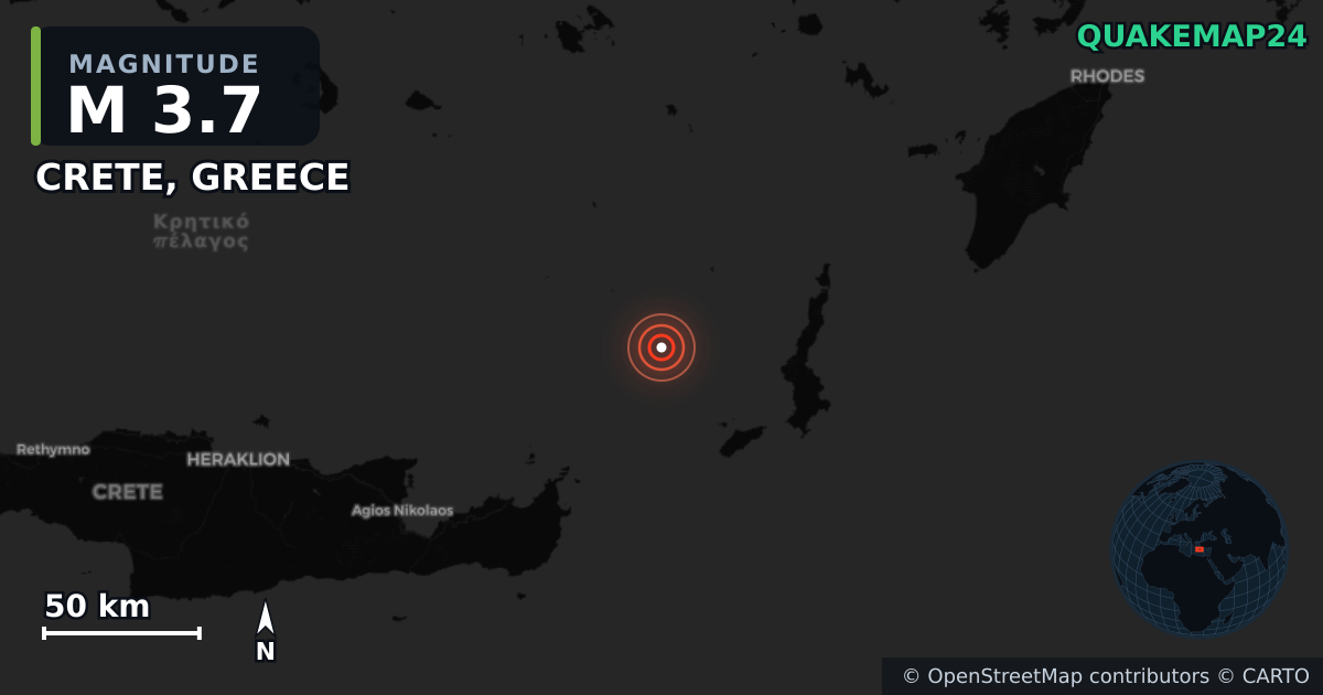 M3.7 earthquake near CRETE, GREECE on Nov 8, 2025 — map of epicenter and shaking intensity | QuakeMap24